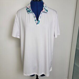 NWT Coral Bay Golf Womens UPF 50 White with Teal Tropical Collar V-neck Shirt XL